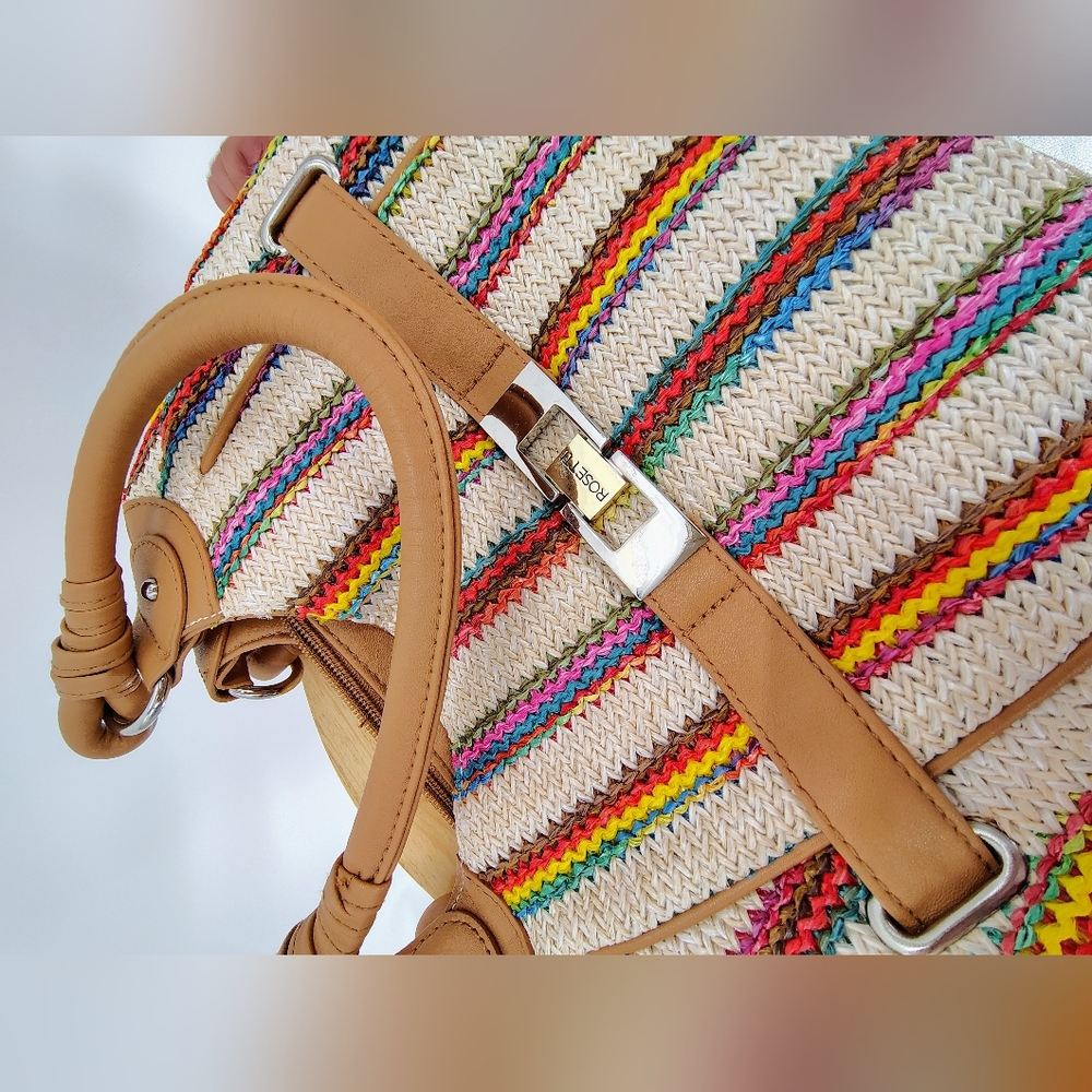 Rosetti Colorful Vibrant Striped Braided Shoulder Bag with Tan Accents - Picture 4 of 5